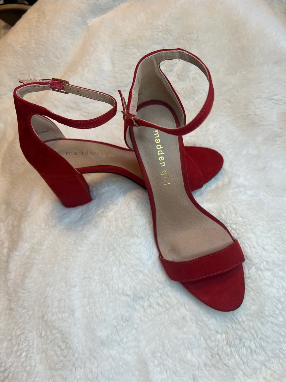 Madden Girl Red Suede Ankle-Strap Block Heels